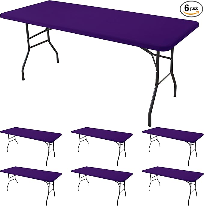 Fitted Tablecloth for 8 foot Rectangle Table-6 Pack Dark Purple Elastic Outdoor Picnic Table Cover-Spandex Stretch Folding Tablecloths 8ft for Camping Dining Room Patio Kitchen Banquet Party
