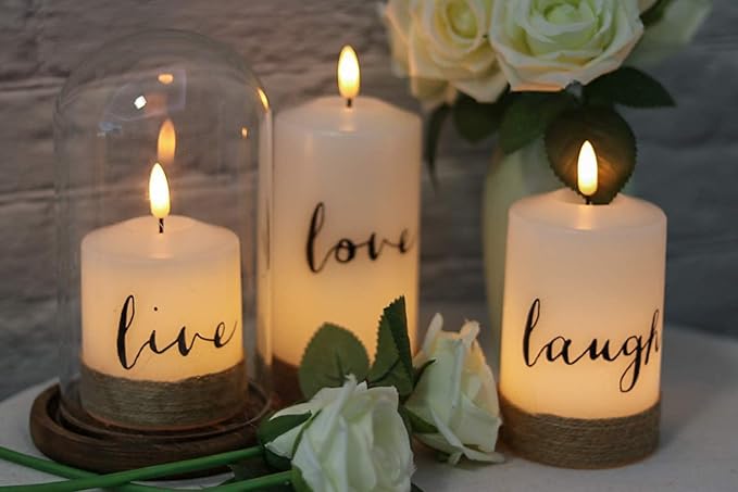 GenSwin Flameless LED Candles with Hemp Rope & Remote Timer, Real Wax Battery Operated Pillar Candles Live Laugh Love, Realistic 3D Wick Flickering Gift (D3 x H4.7 5.7" 6.7", Pack of 3)
