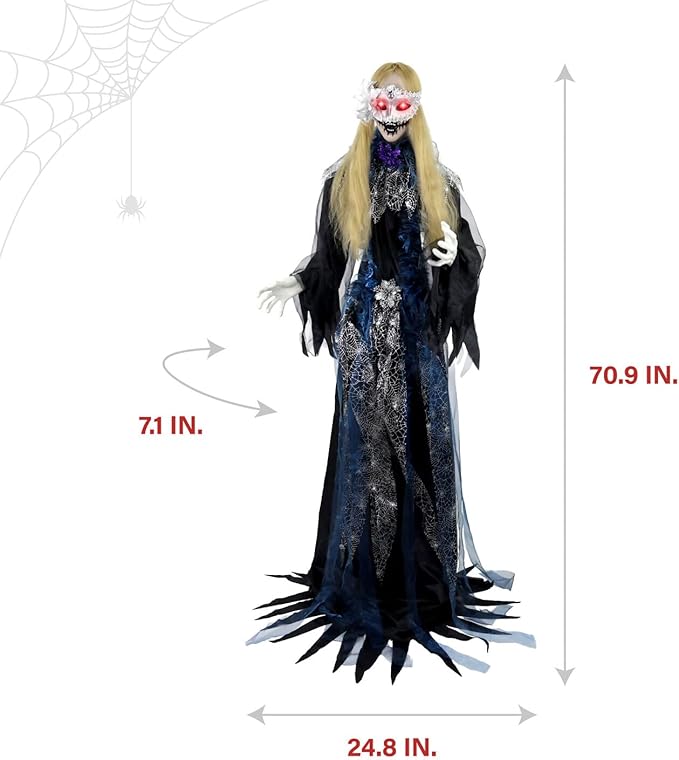 Haunted Hill Farm 5.5-Ft Animatronic Animated Standing Masquerade Lady, Halloween Animatronic, Spooky Venetian Masquerade Prop, Creepy House Party Decoration, Touch-Activated Lights & Sound, Life-Size