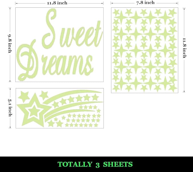 121Pcs Glow in The Dark Ceiling Wall Stickers Stars and Words - Sweet Dreams - Glowing Wall Decor for Kids Nursery Bedroom Living Room