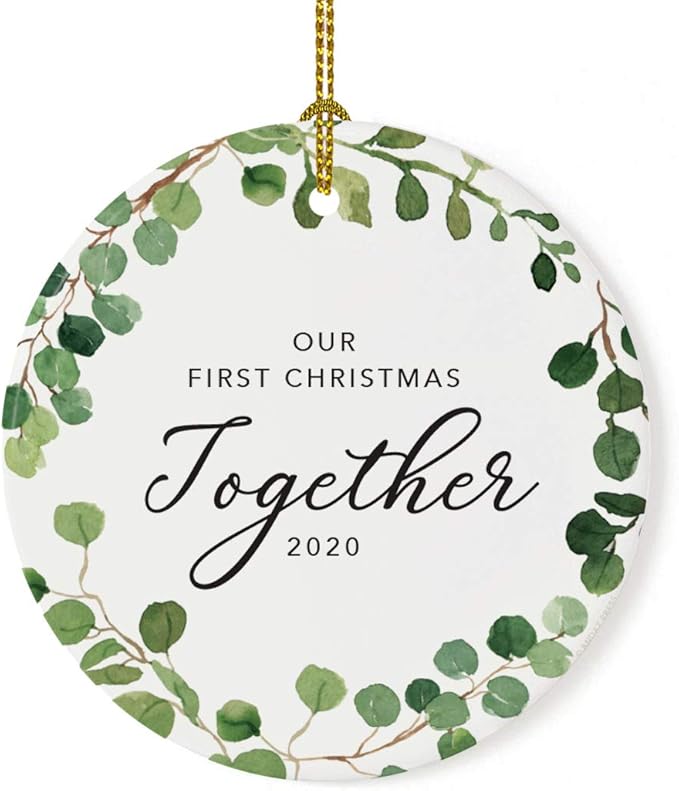 Andaz Press Custom Year Round Ceramic Porcelain Christmas Tree Ornament Keepsake Collectible Gift, Our First Christmas Together 2025, Farmhouse Eucalyptus Wreath, 1-Pack