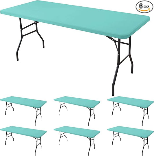 Fitted Tablecloth for 8 foot Rectangle Tables-6 Pack Aqua Blue Elastic Outdoor Picnic Table Cover-Spandex Stretch Folding Table Cloths 8ft for Camping Dining Room Patio Kitchen Banquet Party