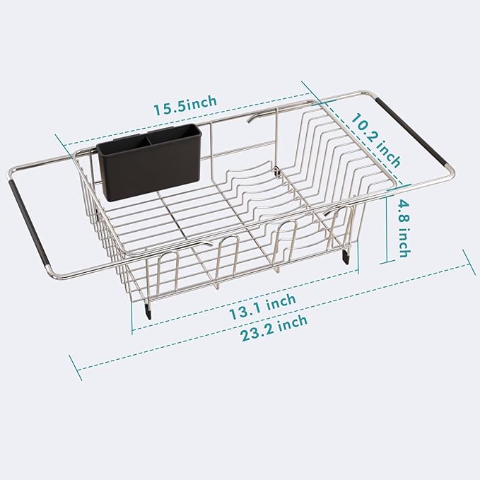 Dish Drying Rack in Sink, Expandable Stainless Steel Dish Drainers for Kitchen Counter, Dish Dryer Rack for Inside Sink, Over The Sink Dish Racks with Utensil Holder, Silver