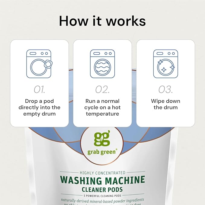 Grab Green Washing Machine Cleaner, 5 Count, Fragrance Free, Mineral Based Removes Deposits and Odors, Naturally Cleans