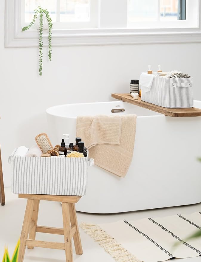 StorageWorks Narrow Storage Bins, Small Basket for Closet and Shelves, Rectangular Fabric Organizer with Handles, Toilet Paper Storage, Gray and White, 2-Pack