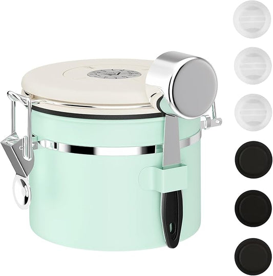 ShanSon Coffee Canister Airtight Coffee Container Stainless Steel Coffee Bean Storage Container with CO2 Release Valve and Scoop Coffee Canister for Beans,Grounds,Sugar,Flour,Tea,Cereal,11OZ,Green