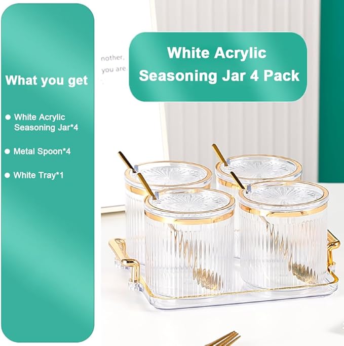 Acrylic Condiment Spice Jars,Condiment Spice Box With Lids and Spoons and Tray,Clear Plastic Sugar Salt Canisters,Seasoning Box 4 Pack,Seasoning Box Set for Kitchen to Storage Salt,Paprika,Sugar