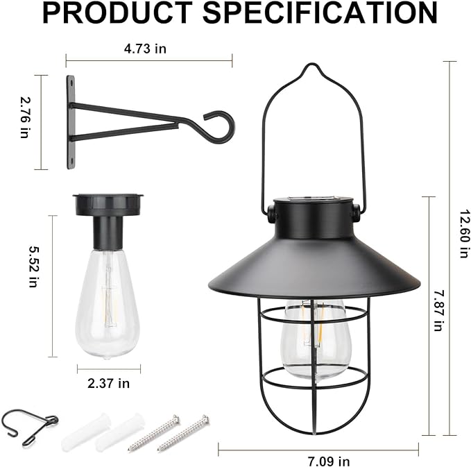 pearlstar Solar Lantern Outdoor 2 Packs Hanging Light Metal Solar Lamp with Warm White Edison Bulb Design for Garden Yard Patio Proch Decor(Black)