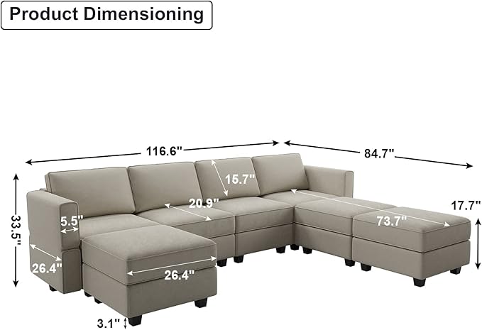 Belffin Modular Sectional Sofa U Shaped Sectional Couch with Reversible Chaises Velvet Modular Sofa with Storage Seat Grey
