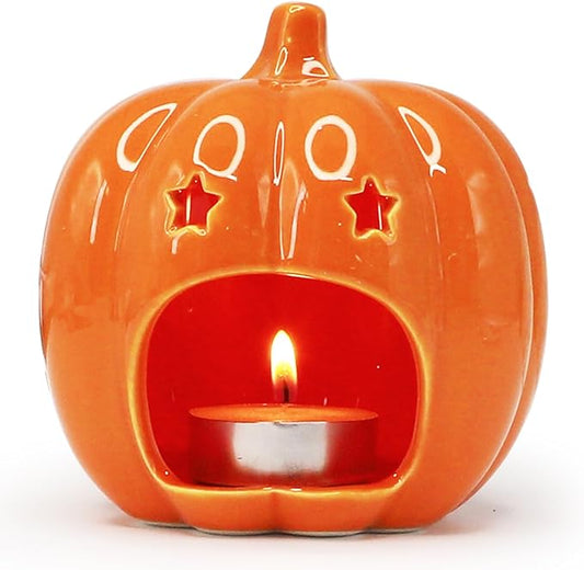 Halloween Pumpkin Candle Holder, Ceramic Candle Stick Holder with Star Hole, Orange Candle Holders for Candlesticks, Halloween Decor Gift for Daughter, Mother, Girlfriend & Kids
