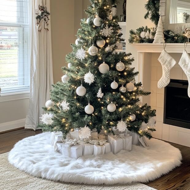 AOGU 30 Inch Faux Fur Christmas Tree Skirt White Plush Skirt for Merry Christmas Party Christmas Tree Decoration