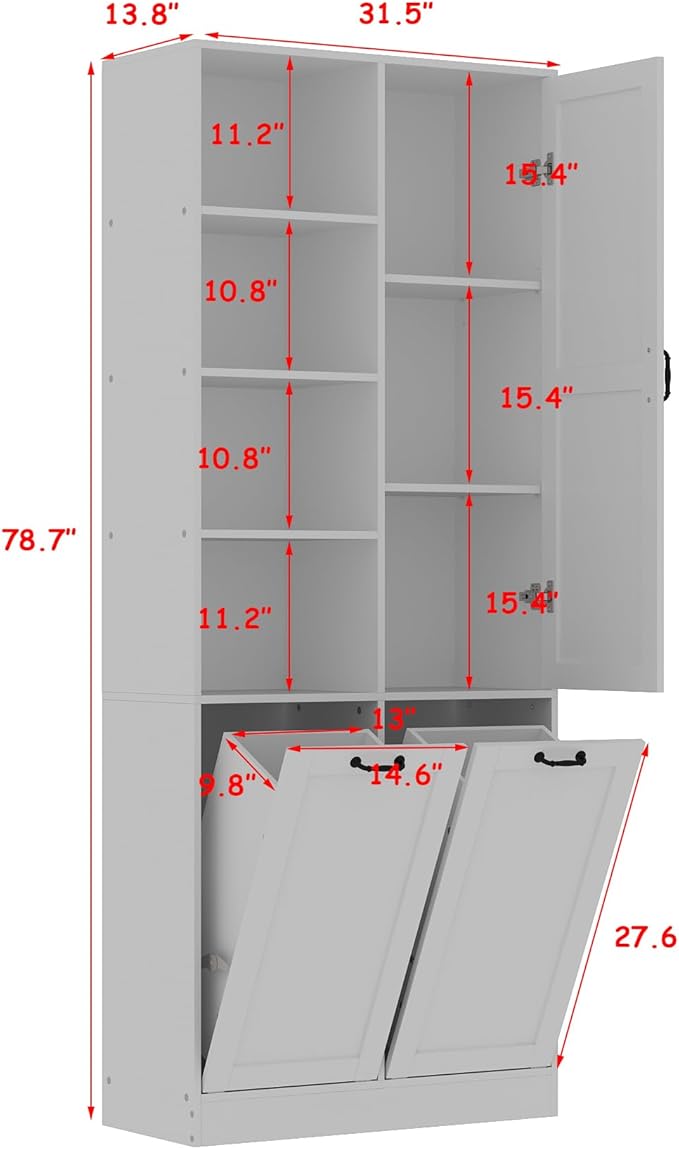 ECACAD Tall Bathroom Storage Cabinet with Shelves and Tilt-Out Laundry Hampers, Freestanding Floor Cabinet for Living Room, Bedroom & Kitchen, White (31.5”W x 13.8”D x 78.7”H)