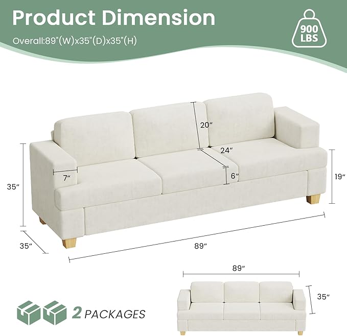 2 Piece Set Comfy Sofa Couch, 2 3-Seater Sofa with Deep Seats, Modern Sleeper Couch for Living Room, Beige Chenille
