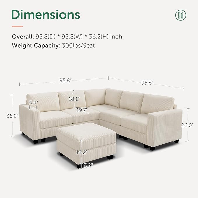 HONBAY Corduroy Modular Sectional Couch with Storage L-Shaped Sectional Couches for Living Room 6 Seater Modular Sectional Sofa, Beige