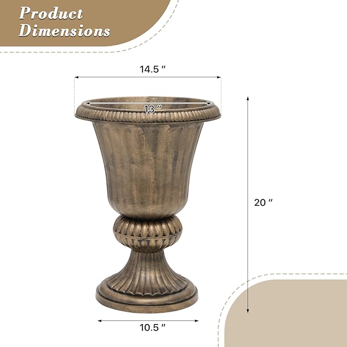Athena Collection 20''H Garden Plastic Urn Vintage Tall Planter Urn Patio Large Flower Pot Porch Planter Large Planter for Indoor Outdoor Plant, Bronze