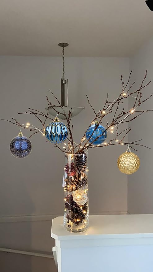 92ct Christmas Tree Decoration Set Christmas Ball Ornaments with Srtings Shatterproof Christmas Baubles for Christmas Holiday Wreath Garland Party Decoration, Blue-Gold