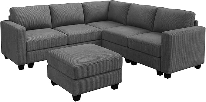 HONBAY Corduroy Modular Sectional Couch with Storage L-Shaped Sectional Couches for Living Room 6 Seater Modular Sofa, Dark Gray