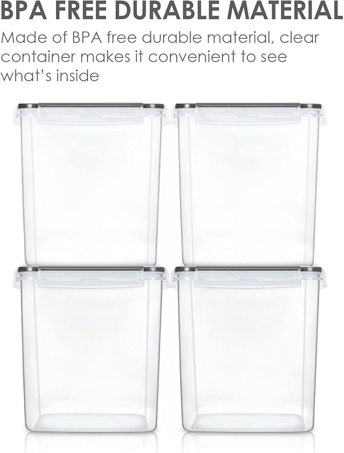 Vtopmart Food Storage Containers 4.3L / 145.4oz, 4 Pieces BPA Free Plastic Airtight Canister for Flour, Sugar, Baking Supplies, with 4 Measuring Cups and 24 Labels, Black
