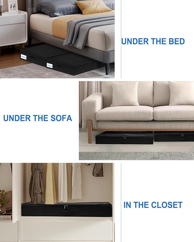Under Bed Storage Containers, Low Profile Underbed Storage Bin 4.5 Inches Tall Clothes Storage Organizer With Rigid Side & Bottom, Shallow Thin Under Couch Dresser Storage Dorm With Lid - 2Pcs Black