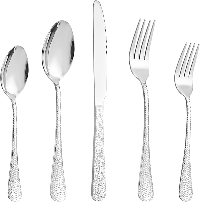 20 Pcs Silverware Set for 4 with Hammered Design, Food Grade Stainless Steel Flatware Set, Eating Utensils Sets Include Fork/Knife/Spoon, Reusable Cutlery Set, Dishwasher Safe