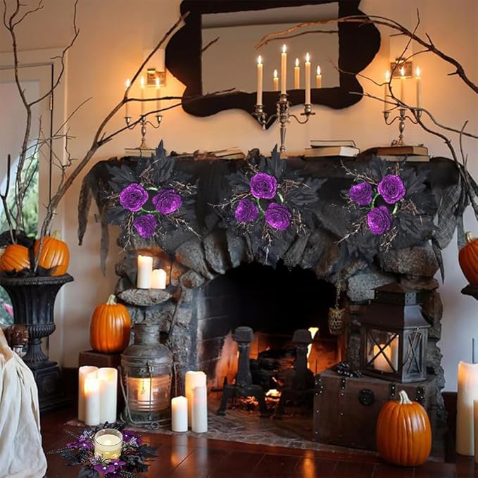 2pcs 11.8" Halloween Candle Rings Wreaths Artificial Glitter Purple Roses Dead Branches Black Leaves Candle Rings Holder Halloween Mini Wreaths for Table Centerpiece Home Dinner Table Christmas Decor