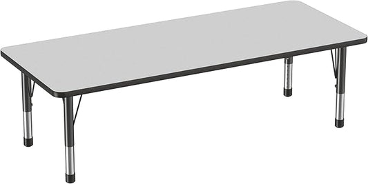 FDP Rectangle Activity School and Classroom Kids Table (30 x 72 inch), Chunky Toddler Leg, Adjustable Height 15-24 inches - Gray Top and Black Edge