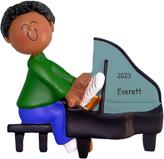 Elves Personalized Music Ornaments 2024 - African American Boy Piano Ornaments for Christmas Tree Musical Decorations
