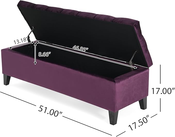 Christopher Knight Home Gloust Velvet Storage Ottoman, Upholstered Rectangular Storage Bench, Living Room Seating, Tufted BottonFoot Rest Stool for Home Office, Entryway and Bedroom, Purple
