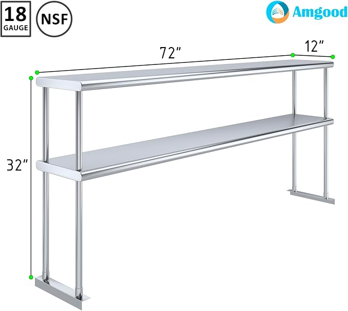 AmGood Double OverShelf Stainless Steel NSF - Many (72" Long x 12" Deep)