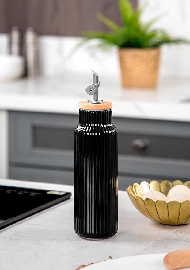 Nucookery Ceramic Olive Oil Dispenser Bottle for Kitchen, 14 oz Opaque Vinegar Dispenser Bottle, Large Capacity Cooking Oil Container for Storage Vinegar, Soy Sauce, Coffee Syrup, Black