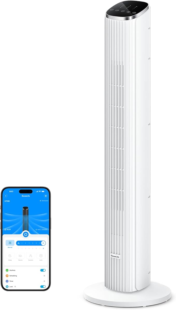 GoveeLife White Tower Fan for Bedroom, 36" Smart Floor Fan with App/Voice Control, Temperature Sensor, 5 Modes 8 Speeds(25ft/s), 29dB Quiet Oscillating Fan for Office, 24H Timer, Auto Cooling