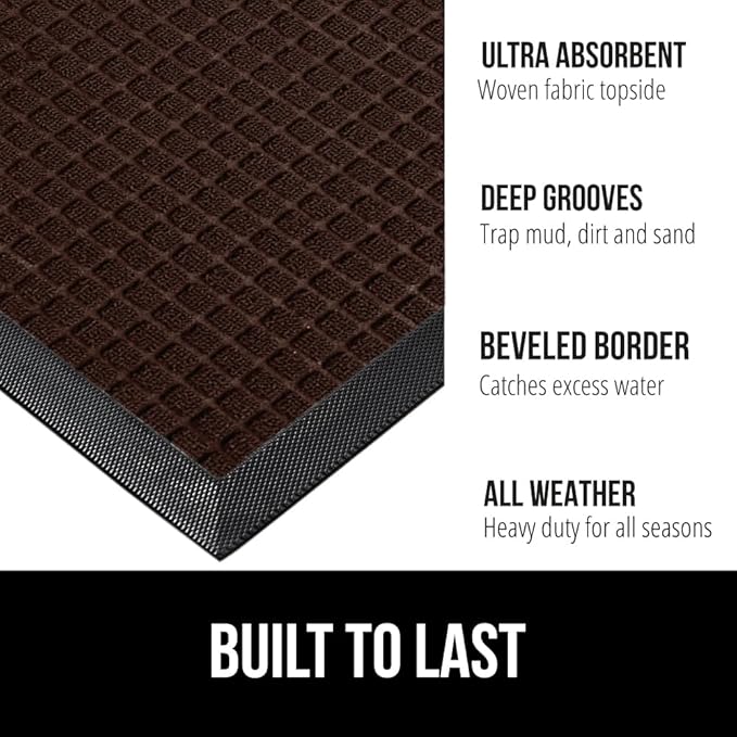 GORILLA GRIP 100% Waterproof All-Season WeatherMax Doormat, 47x35, US Designed Natural Rubber, Stain and Fade Resistant, Low Profile Indoor Outdoor Door Mats, Easy Clean Patio Mat, Coffee Squares