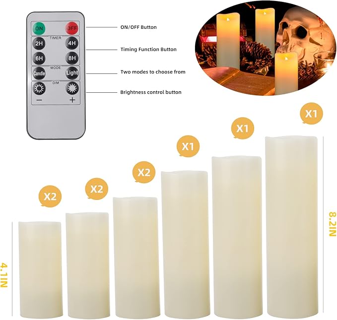 Flameless Battery Operated Led Candles-Set of 9(H 4" 5" 6" 7" 8" 9" x D 2.2") Real Wax Flickering Pillar LED Electric Candles with 10-Key Remote and 24 Hours Timer Ivory