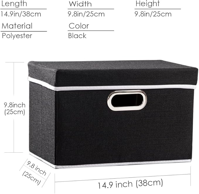 PRANDOM Foldable Storage Box with Lid [1-Pack] Fabric Collapsible Storage Bin Organizer Container Basket Cube with Cover for Home Bedroom Closet Office Nursery Black (14.9x9.8x9.8)