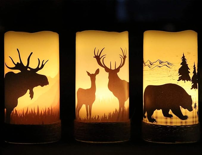 GenSwin Battery Operated Flameless Led Candles Flickering with Hemp Rope and 6H Timer, Real Wax Pillar Candles Warm Light with Deer, Moose, Bear Decals Decor Christmas Home(Pack of 3, D3 x H6)