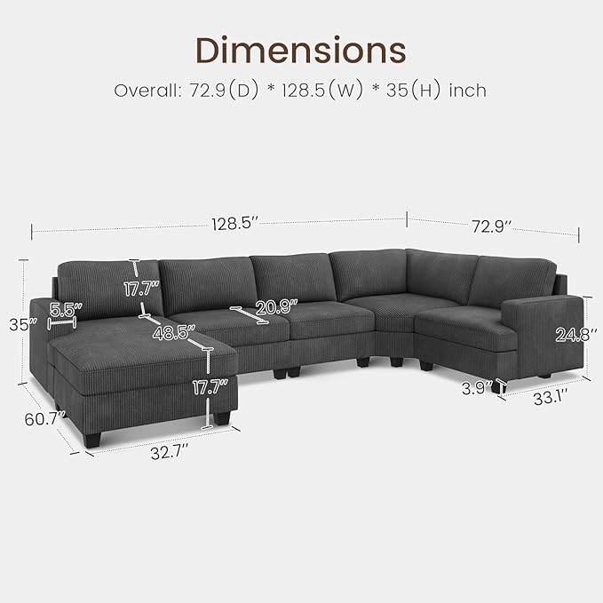 Nolany Sectional Sofa with Storage Ottoman, U Shape Couch with Chaise, Corduroy Modular Sectional Couch for Living Room, Dark Grey