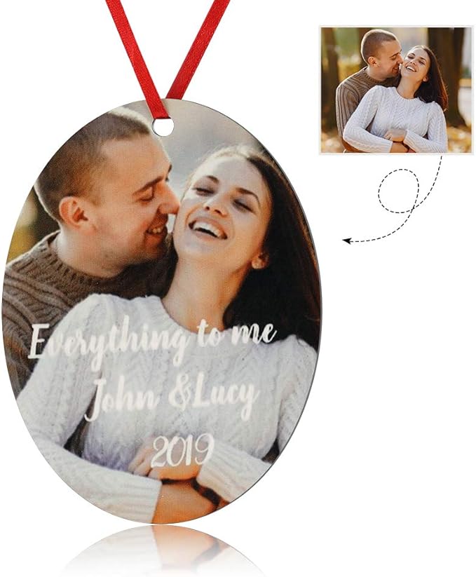 Gemszoo Personalized Picture Christmas Ornament, Custom Double Sided Photo Text Wooden Hanging Xmas Tree Keepsake Pendant Decoration Gift for Family (1, Oval)