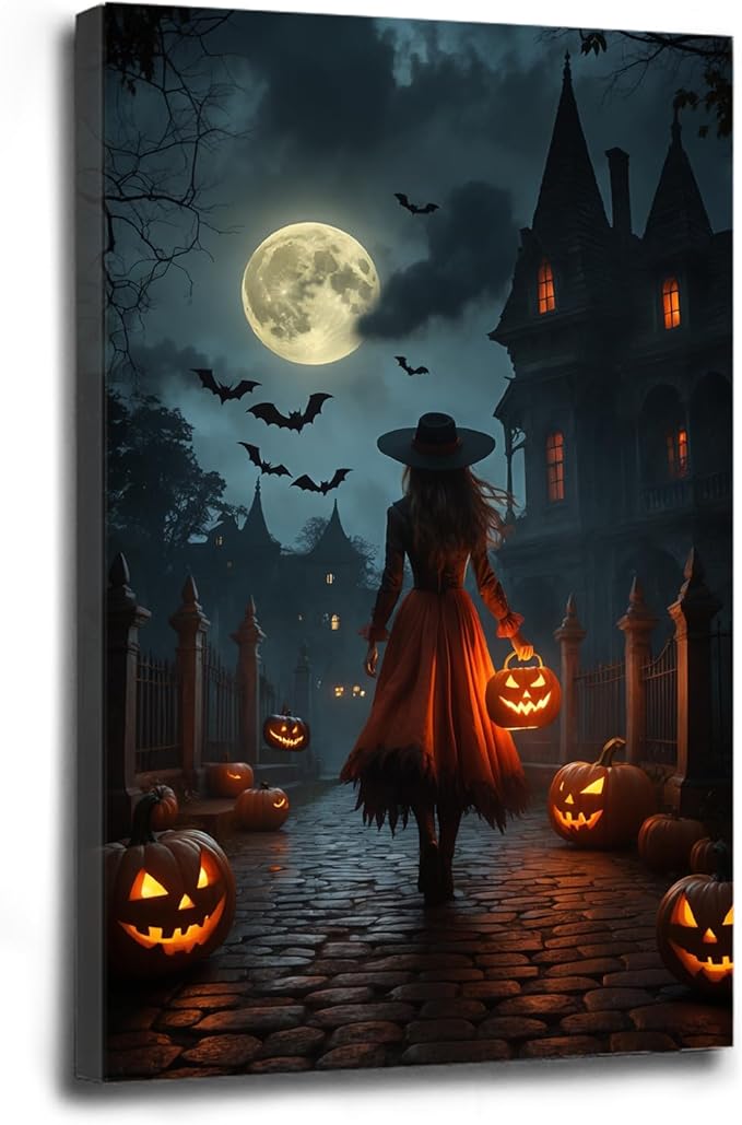 Halloween theme poster moonlit autumn night witch vintage poster art print dark college style gothic painting canvas wall decoration bedroom living room ideal gift16x24in Wood Framed