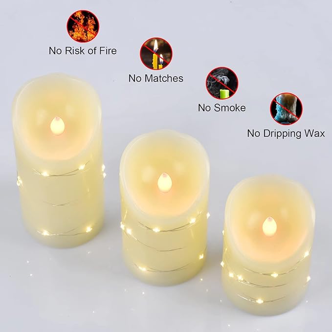 Flameless battery Operated LED candles with 11 Key remote control 24-hour timer Set of 3， With embedded string lights electric flickering pillar Real Wax ，Party, Wedding, Home Decoration(lvory)