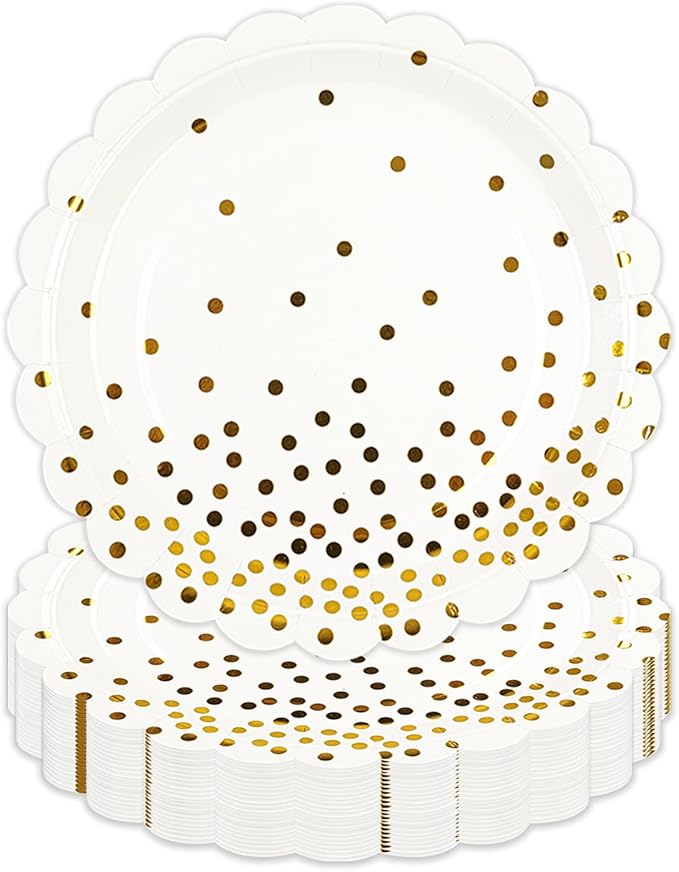 50PCS White and Gold Paper Plates, 7 Inch White Scalloped Party Plates Disposable Dessert Plate Cake Plate for Wedding Engagement Baby Shower Birthday Dinner