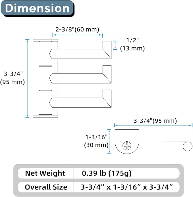 Angle Simple Swivel Towel Hooks for Bathroom, SUS 304 Stainless Steel Foldable 3 Arms Robe Towel Holder, Shower Wall Coat Hooks, Matte Black, 2 Pack