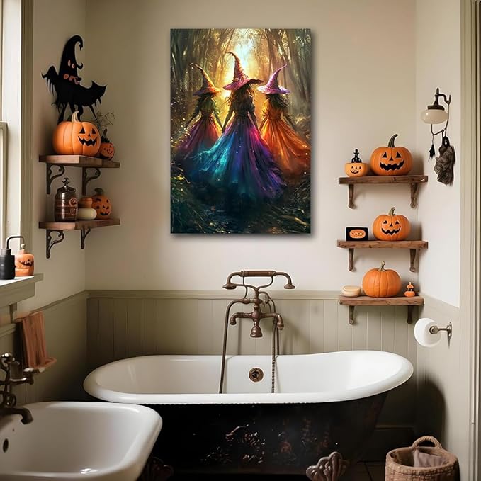 Halloween Room Decor Wall Art Colorful Witch Prints,Vintage Three Colorful Witches in Forest Halloween Posters,Fall Fantasy Aesthetic Pictures Playful Art Wall Decor for Bedroom,8"x12" Framed