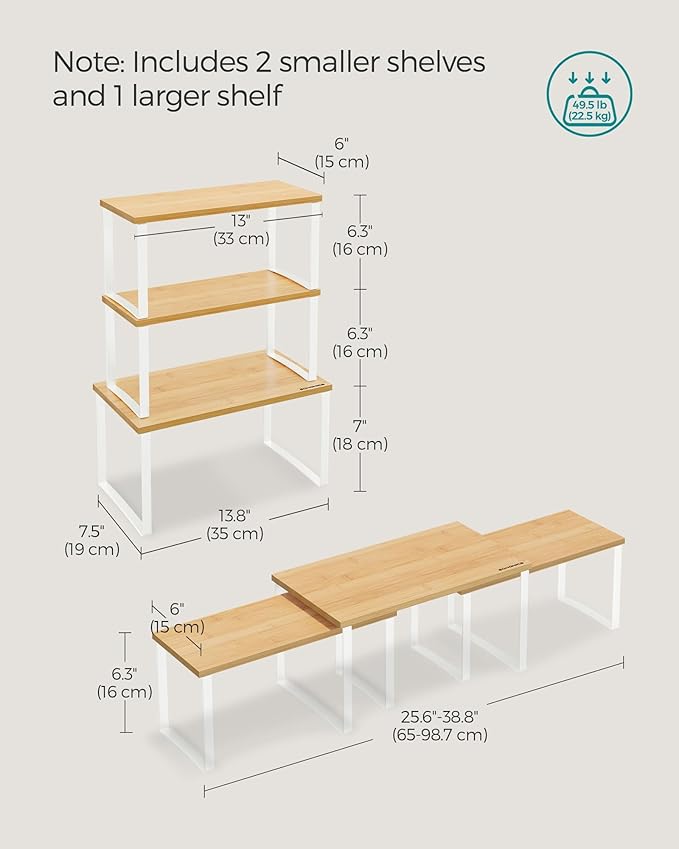 SONGMICS Cabinet Organizer Shelf, Set of 3 Kitchen Counter Shelves, Kitchen Storage, Spice Rack, Stackable, Expandable, Cloud White and Natural Beige UKCS014W01