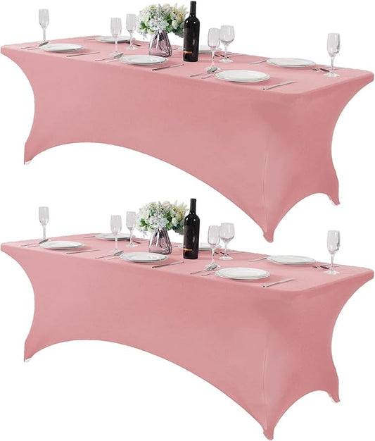 2Pack Spandex Table Cover for 8FT or 4ft or 6ft Table Universal Fitted Stretch Tablecloth for Party, Banquet, Wedding and Events-Dusty Pink