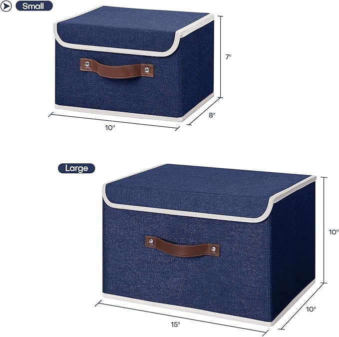 ANMINY 2PCS Storage Bins with Lid PU Leather Handles Storage Boxes PP Plastic Board Decorative Foldable Lidded Cotton Linen Fabric Home Cubes Baskets Closet Organizer Containers - Blue, Small Size