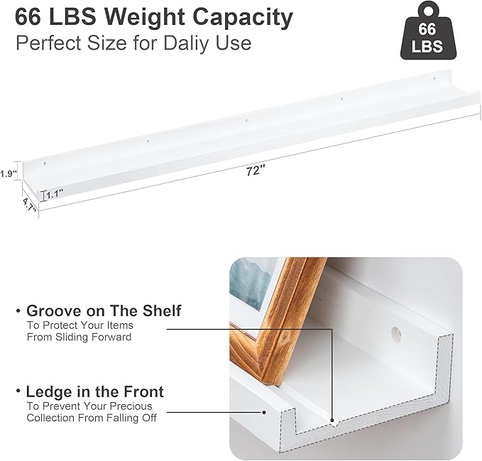 Floating Picture Ledge Shelves 72 Inch Solid Oak Wood Set of 2, Rustic Wall Storage Shelves with Lip, Kids Bookshelf, Photo & Picture Ledge Shelves for Bedroom, Living Room, Kitchen