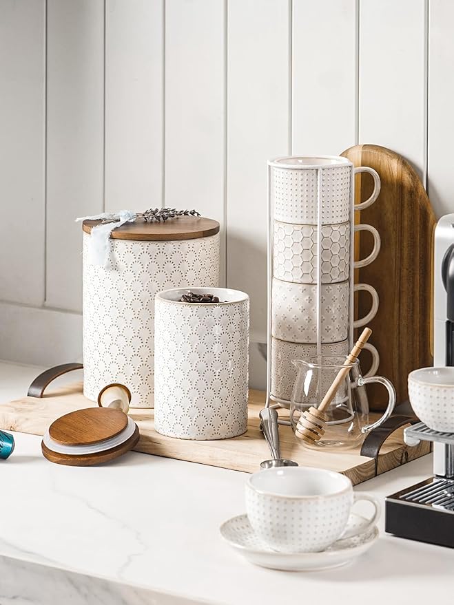 LE TAUCI Food Storage Containers with Airtight Lids, 78/25 oz Ceramic Sugar Canisters Sets, Embossed Large Jars for Pasta, Oats, Coffee Bean, Cookies, Rice, Grains, Tea - Set of 2, Fireworks