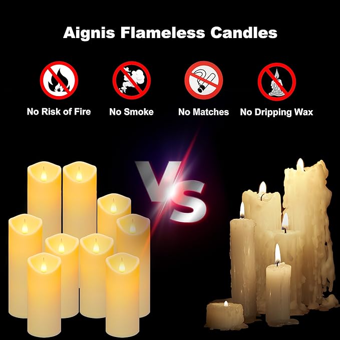 Aignis 9pcs Flameless LED Candles Battery Operated with 10-Key Remote & Timer, Indoor Heat Resistant, 3D Wick with Warm Flickering Glow for Cozy Home/Wedding/Holiday Décor (D 2.2" x H 5"/6"/7")