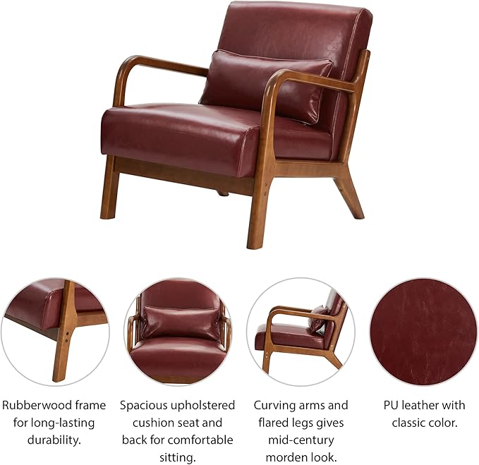 Glitzhome 30.75" H Mid Century Red Accent Armchair, Single Reading Armchair PU Leather Lounge Chair with Walnut Ruberwood Frame