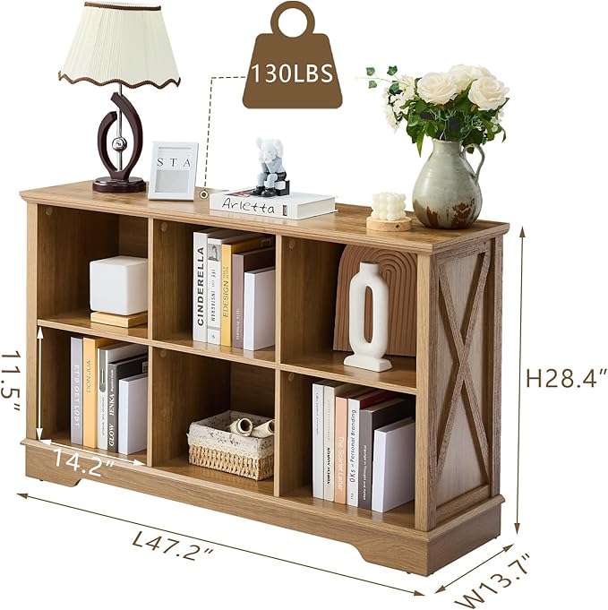 Farmhouse 6 Cube Bookshelf, Storage Organizer Bookcase, Kids Toy Storage Cabinet, Long Bookshelves Storage Organizer Shelf, Wood Display Cabinet Book Shelves for Bedroom,Living Room,Natural Oak